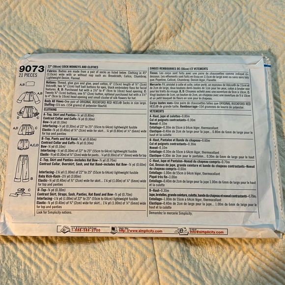 Simplicity 9073 Crafts Sock Monkeys and Clothes Pattern Uncut 1999 - Picture 6 of 9